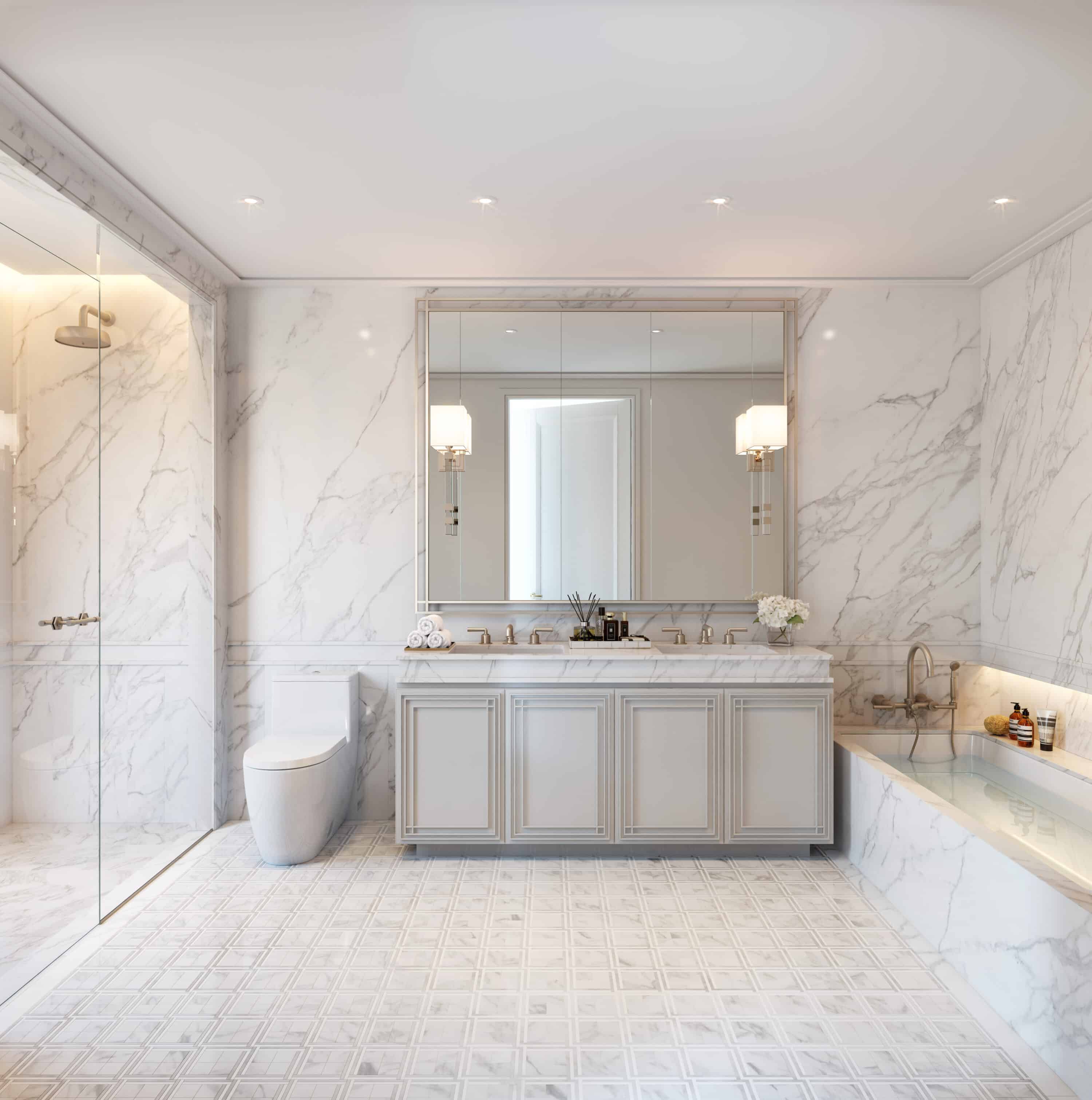 Interior of the master bathrooms of The Westly post-construction.